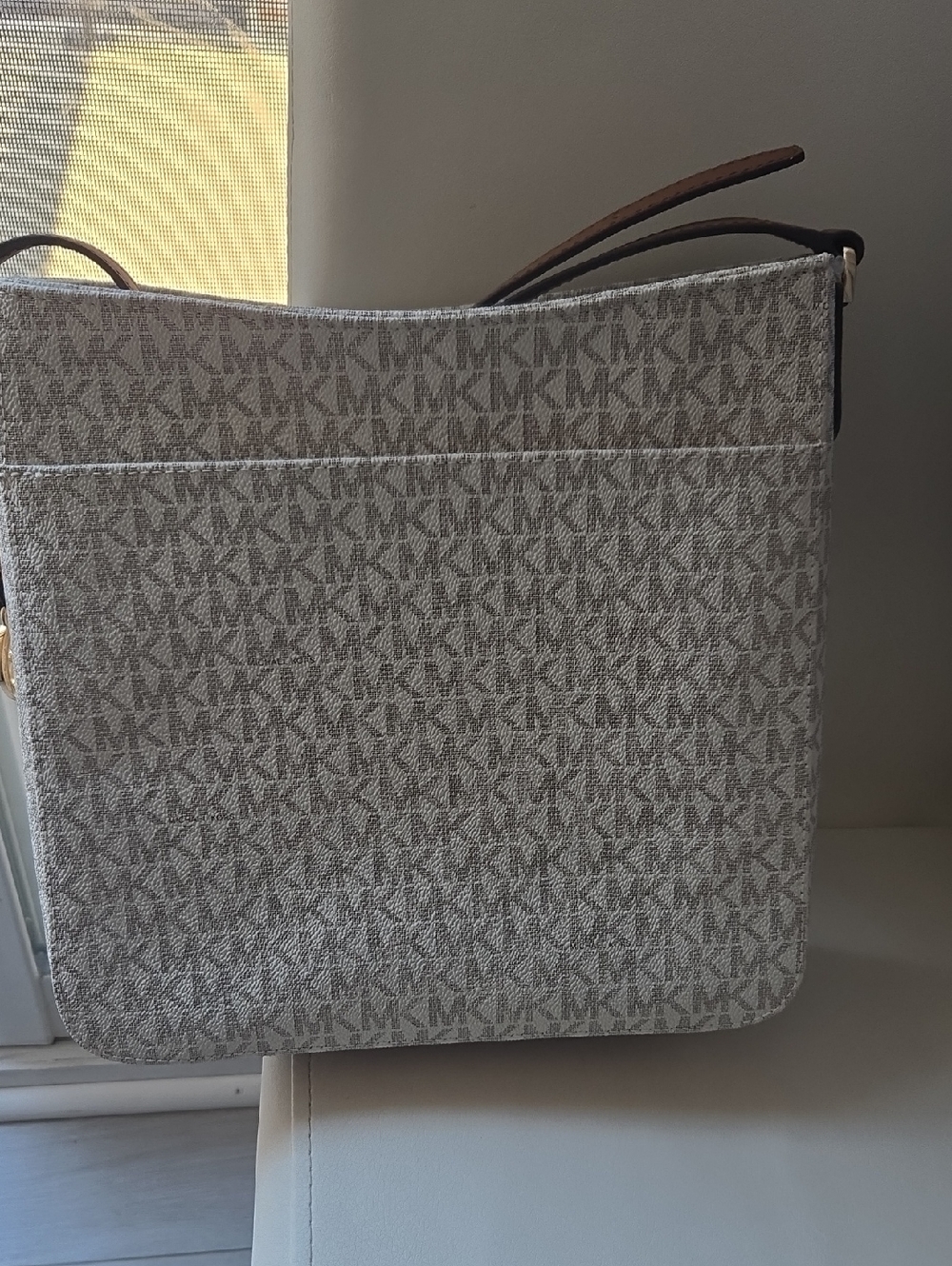 Michael Kors Light Beige Monogram Crossbody Bag with Brown Strap